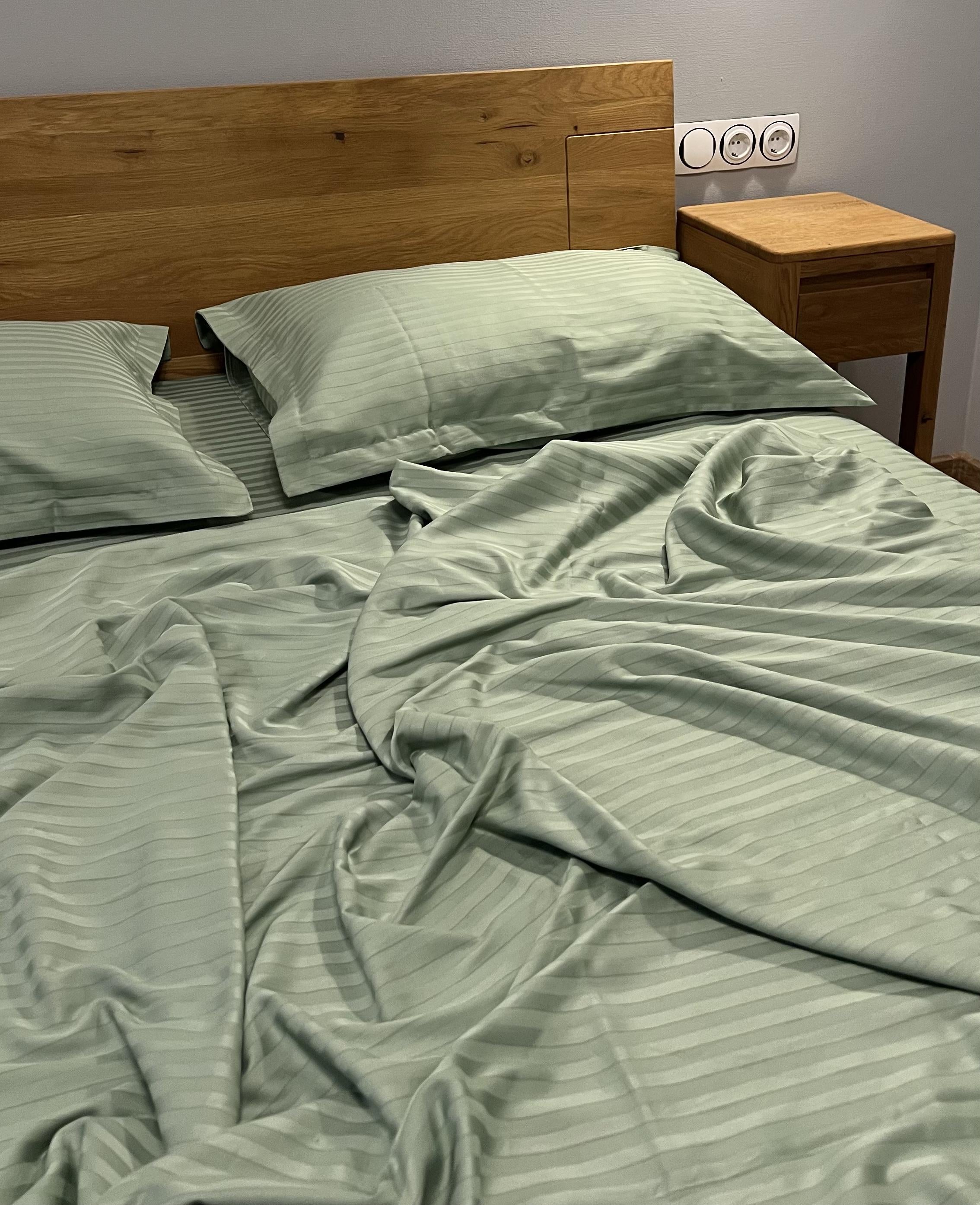 Striped Cotton Satin Duvet Cover Set - Celadon Green