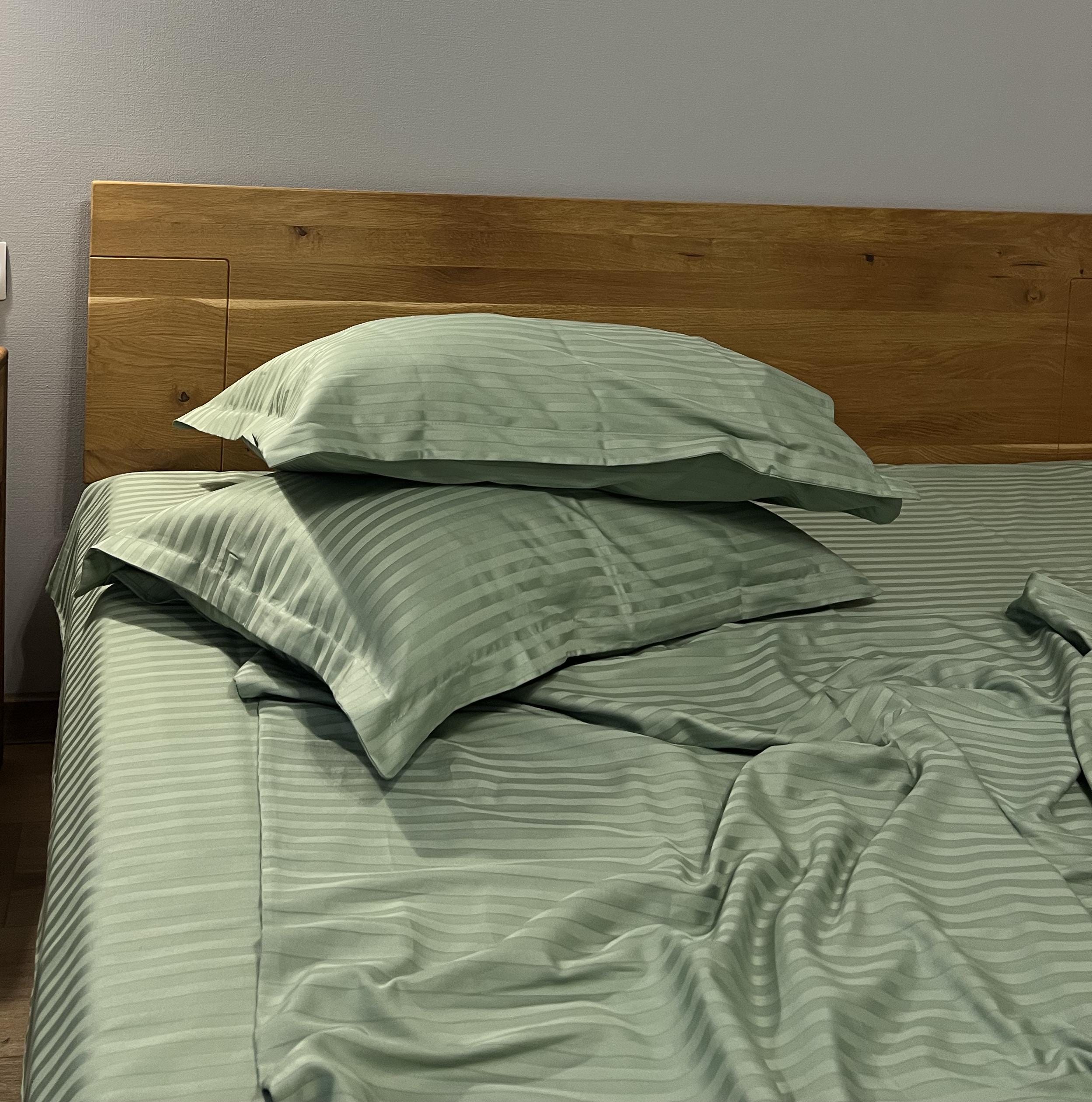 Striped Cotton Satin Duvet Cover Set - Celadon Green