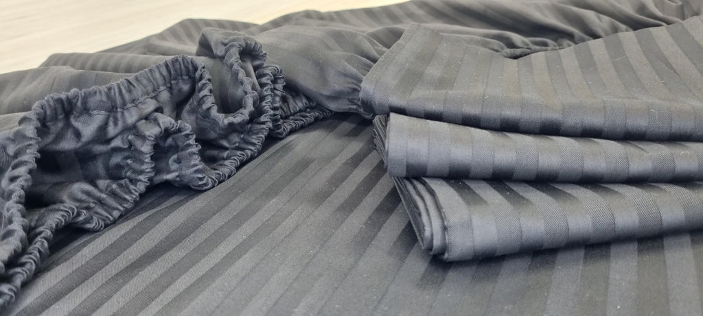 Striped Cotton Satin Duvet Cover Set - Ultra Black