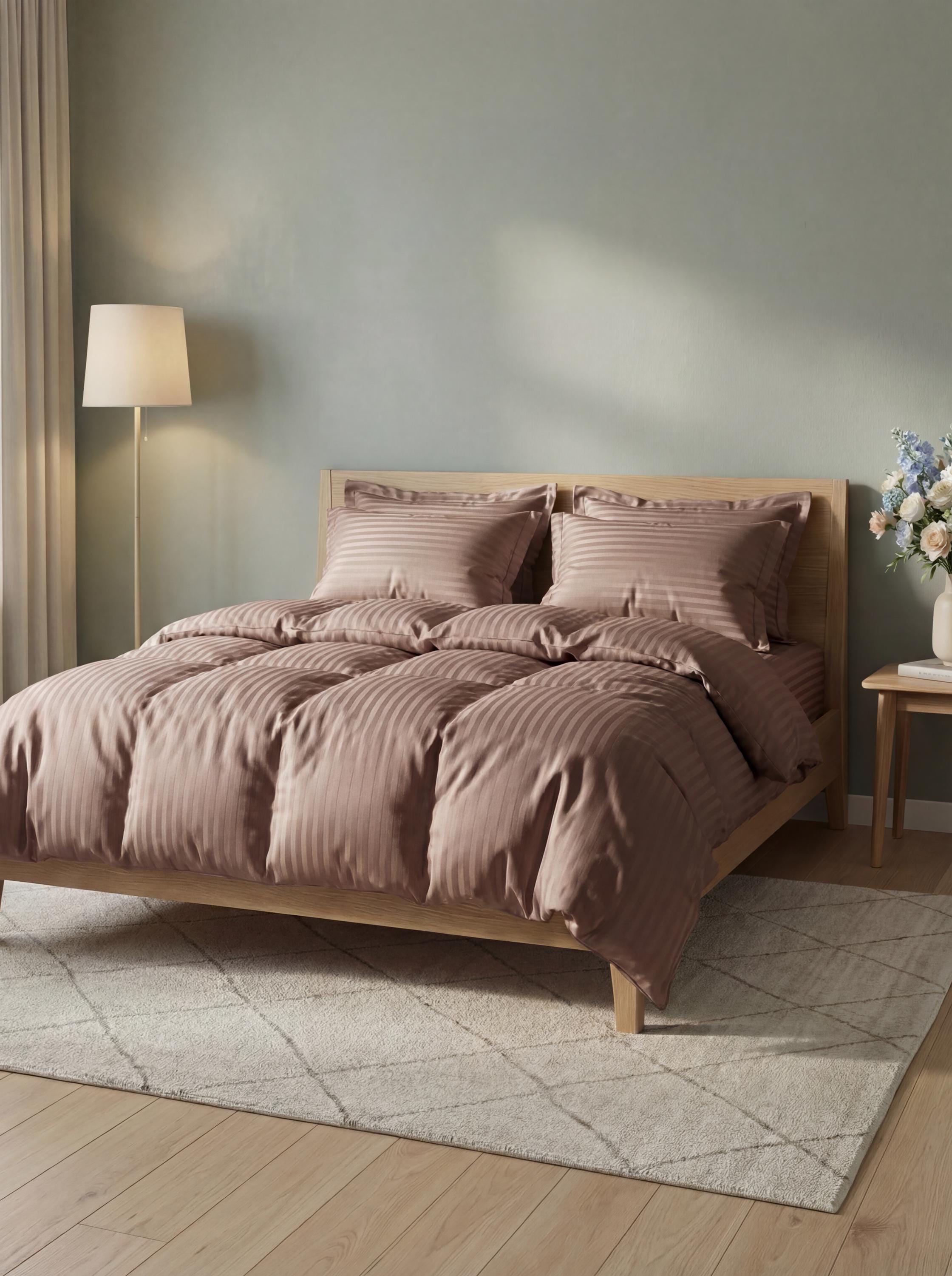 Bedroom with a wooden bed and brown bedding set, light green walls, and a lamp. Striped Cotton textile
