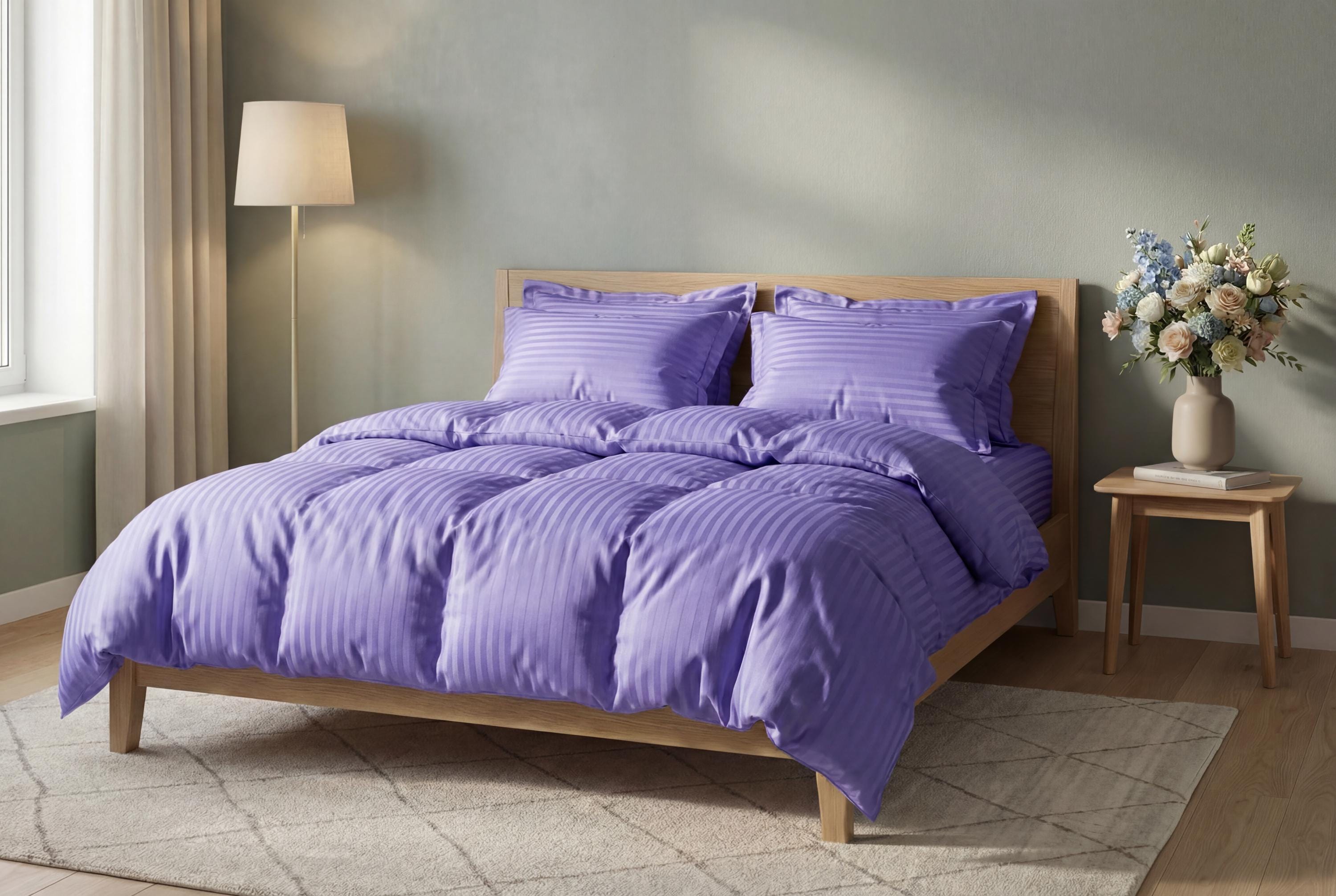 Striped Cotton Satin Duvet Cover Set - Lavender