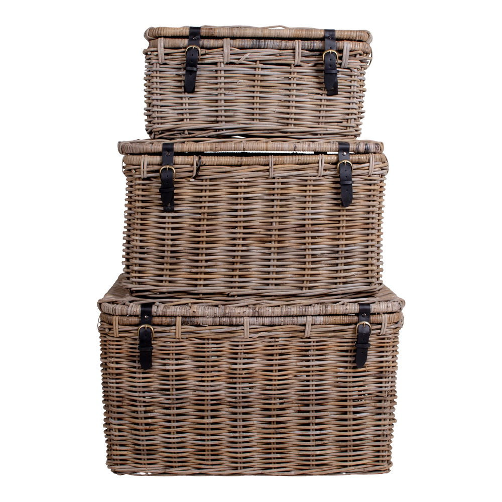 Depok Storage Trunk - Storage Trunk, kubu rattan, leather handle, grey set of 3