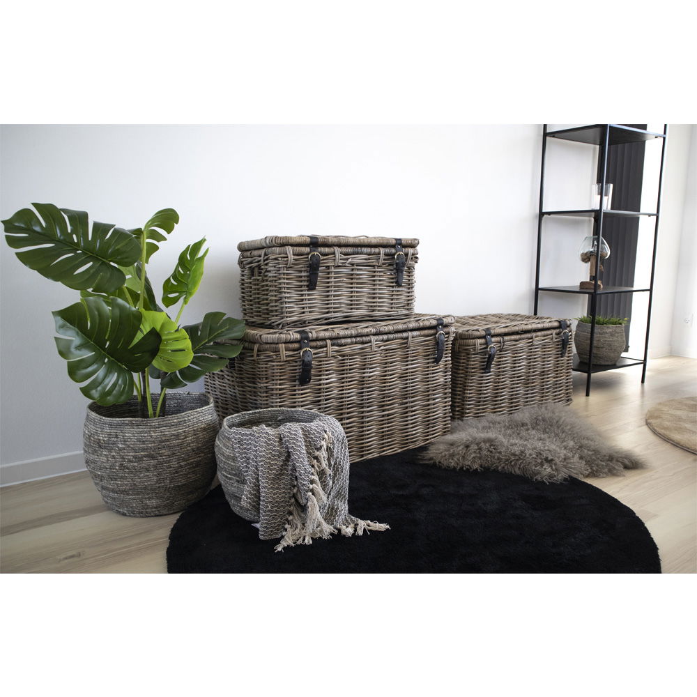 Depok Storage Trunk - Storage Trunk, kubu rattan, leather handle, grey set of 3