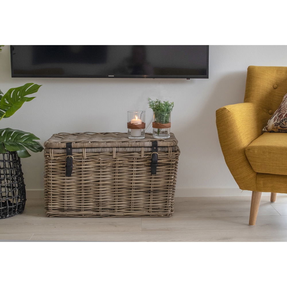 Depok Storage Trunk - Storage Trunk, kubu rattan, leather handle, grey set of 3