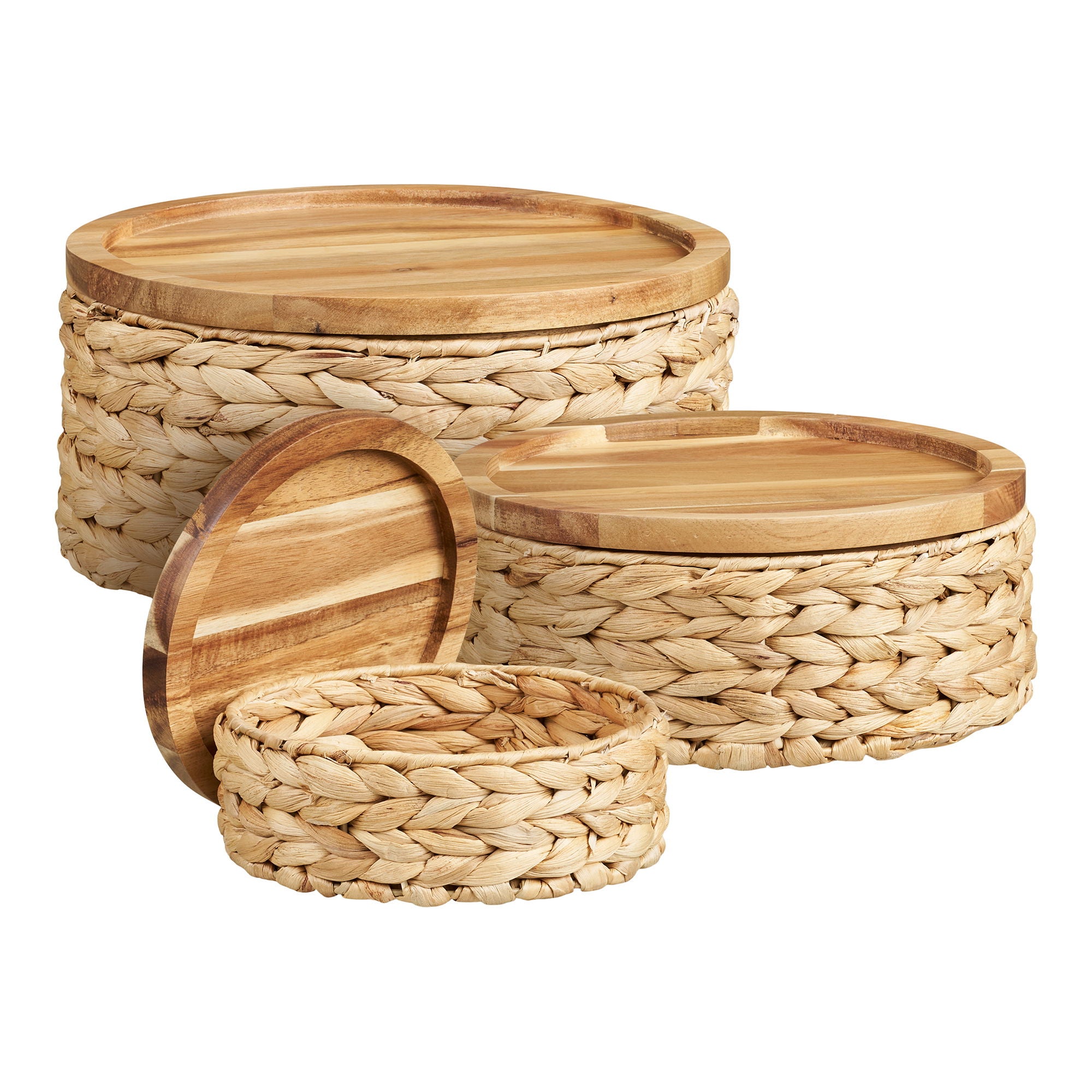 Botofte Baskets - Baskets with wood lid, water hyacinth, natural set of 3