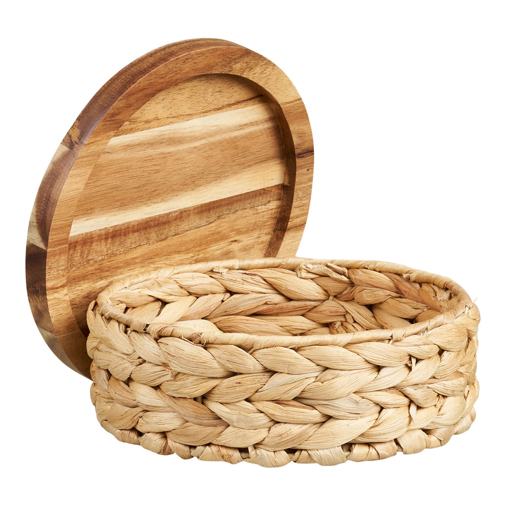 Botofte Baskets - Baskets with wood lid, water hyacinth, natural set of 3