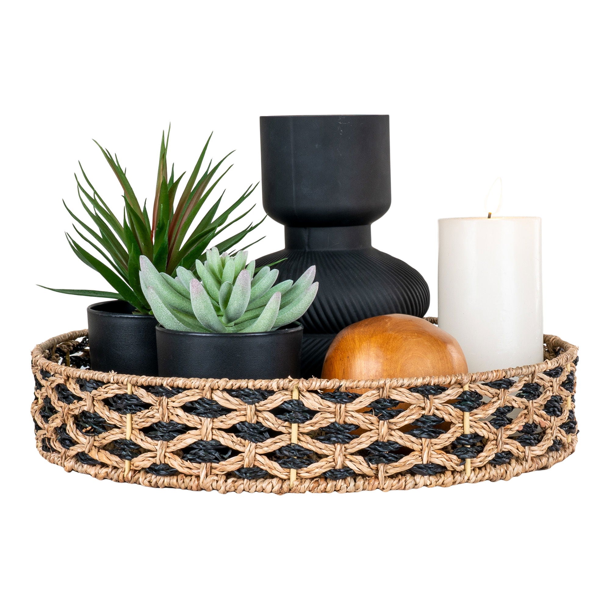 Nerja Tray - Tray, seagrass, black/nature ø38 cm
