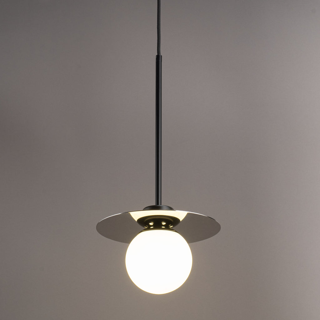 Orbit Mirror pendant light, chrome disc and opal glass globe