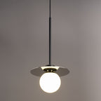 Orbit Mirror pendant light, chrome disc and opal glass globe