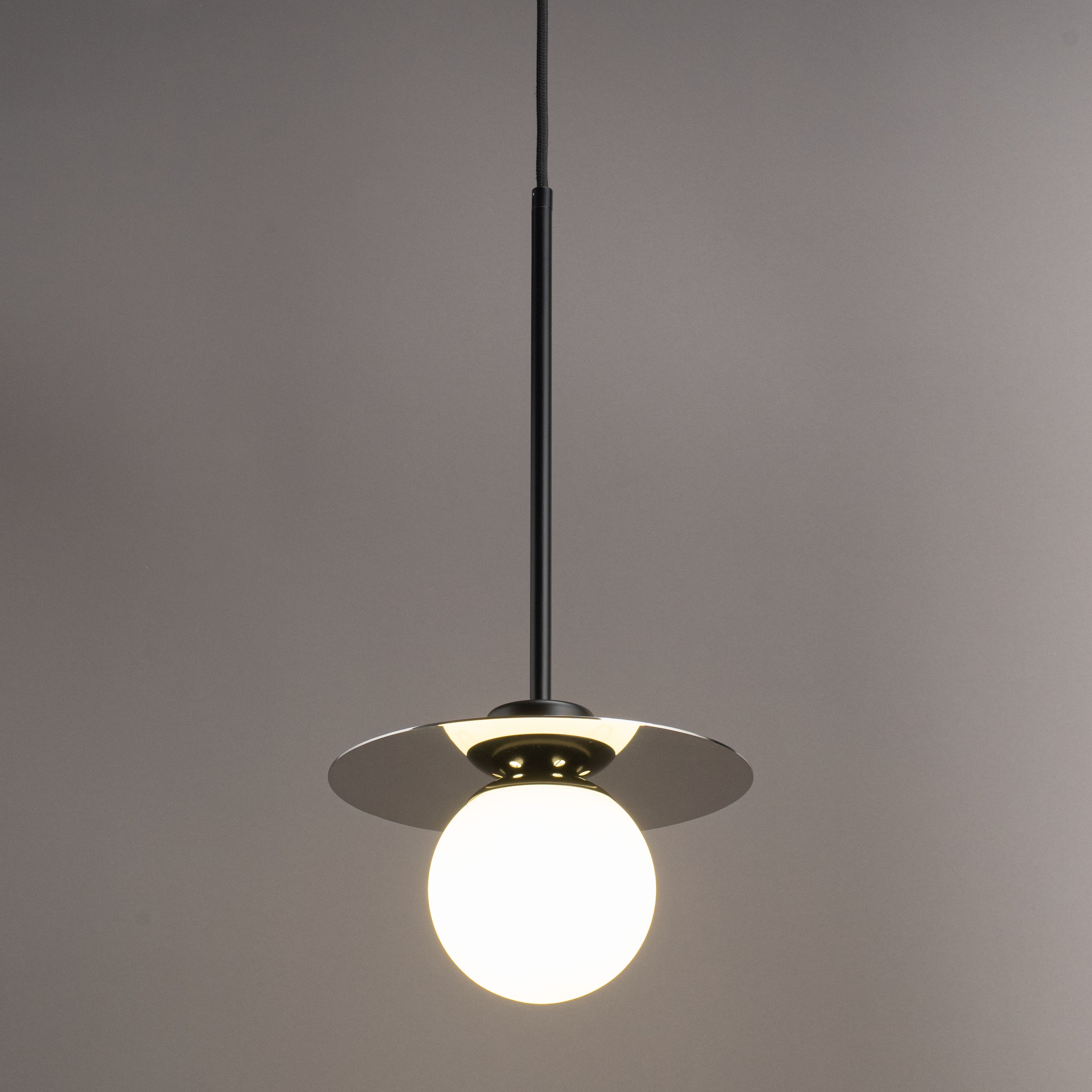 Orbit Mirror pendant light, chrome disc and opal glass globe