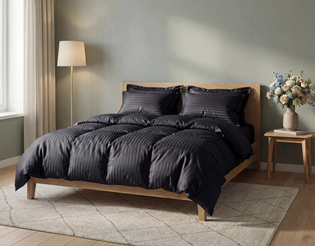 Striped Cotton Satin Duvet Cover Set - Ultra Black