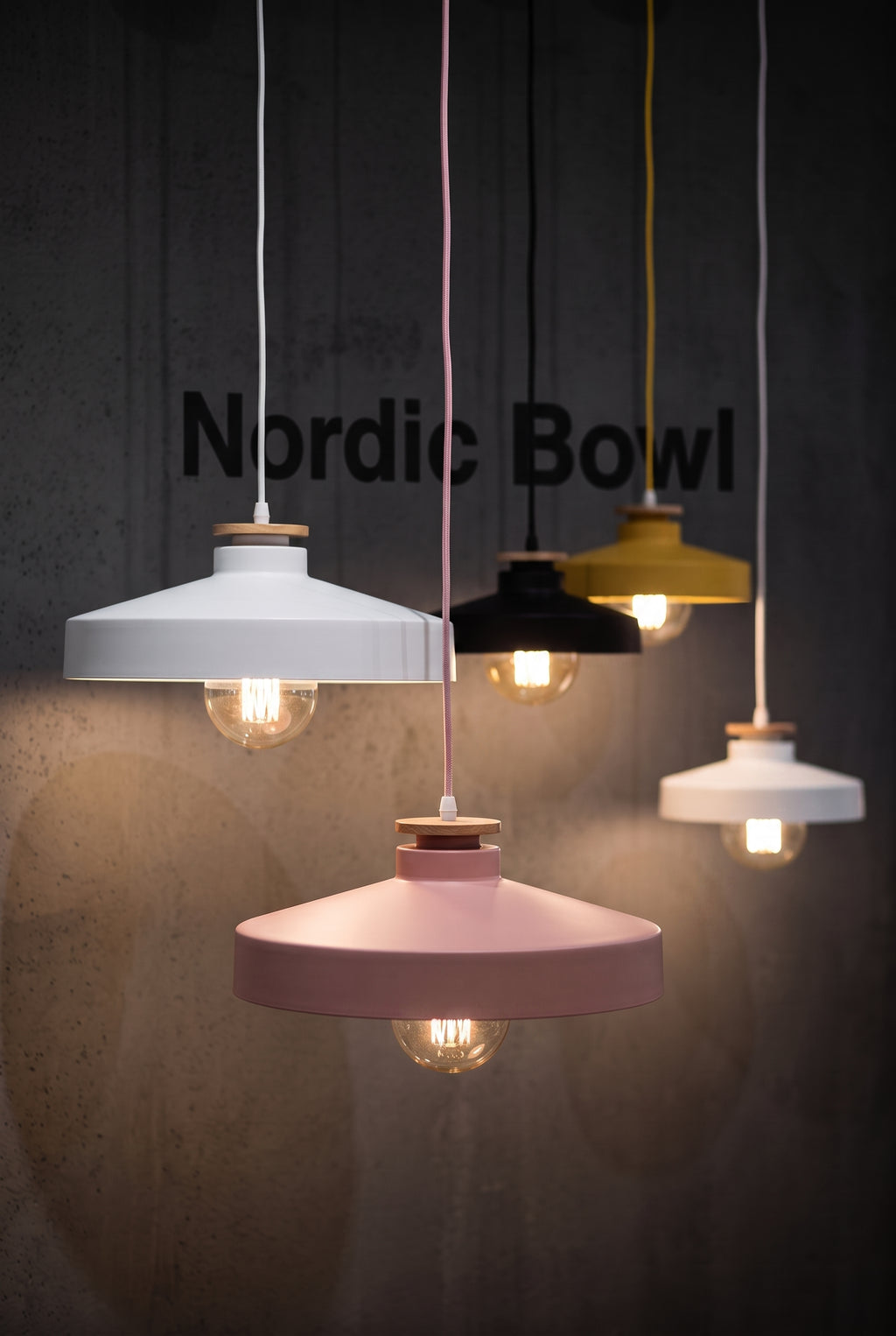 Nordic Bowl pendant lights in all four colours, showroom display