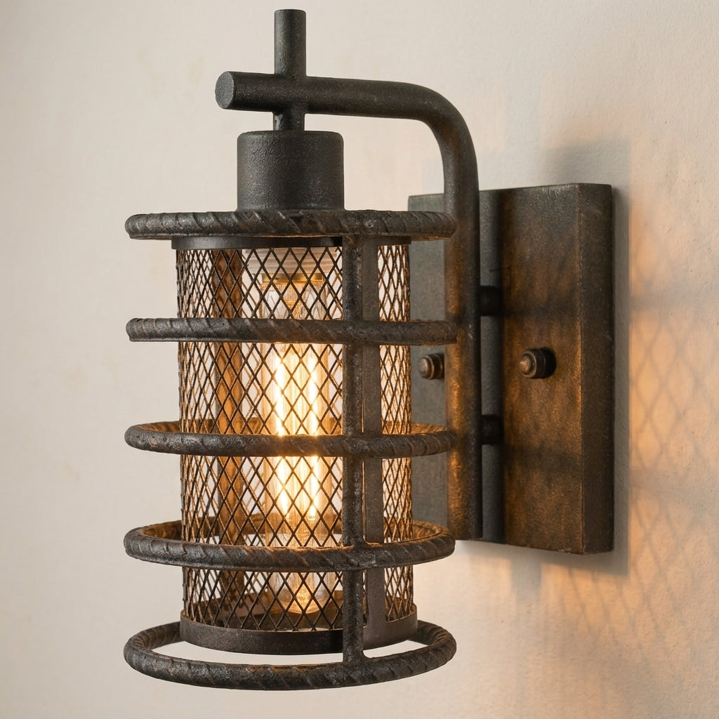 Wire Cage industrial wall sconce on a warm plaster wall